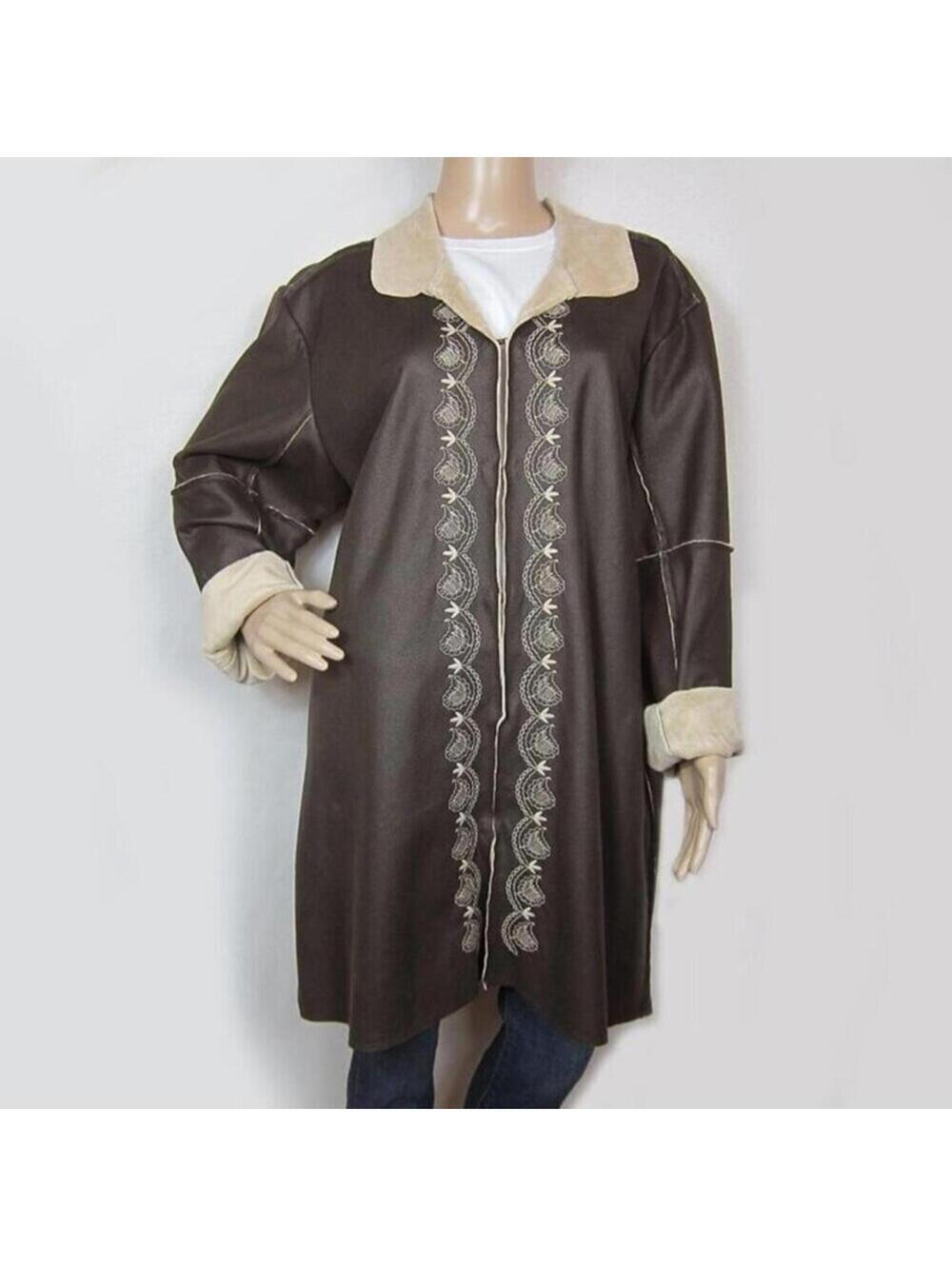Vintage NWT Large Boho Embroidered Duster Jacket Brown Faux Suede Fur Trim NEW